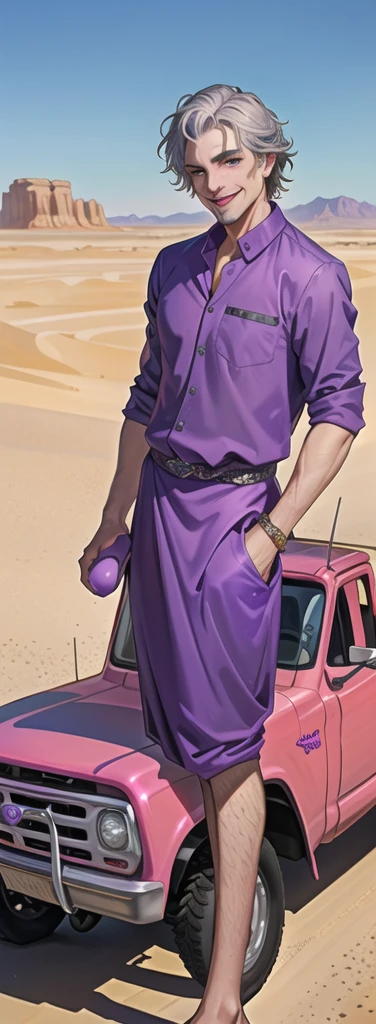 Portrait of a man in his 40s、standing、silver hair、the joker、purple dress , smile , Long body、 、desert background、(holding eggs:1.1) , (purple pickup truck :1.2)