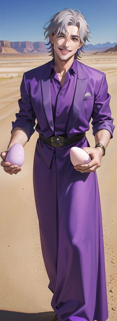 Portrait of a man in his 40s、standing、silver hair、the joker、purple dress , smile , Long body、 、desert background、(holding eggs:1.1) , (purple pickup truck :1.2)