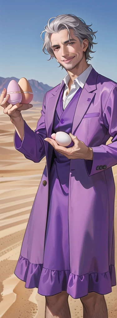Portrait of a man in his 40s、standing、silver hair、the joker、purple dress , smile , Long body、 、desert background、(holding eggs:1.1) , (purple pickup truck :1.2)