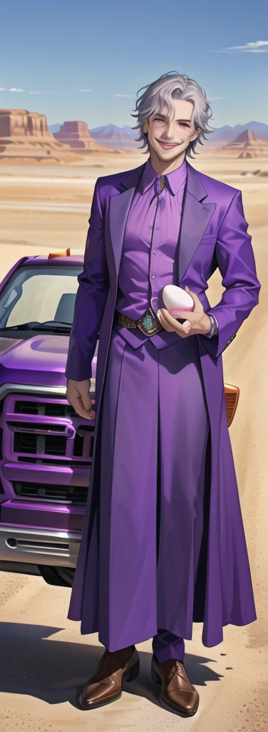 Portrait of a man in his 40s、standing、silver hair、the joker、purple dress , smile , Long body、 、desert background、(holding eggs:1.1) , (purple pickup truck :1.2)