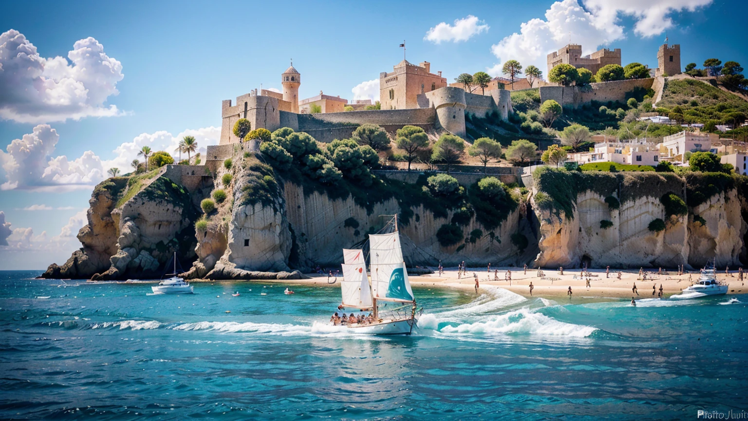 (Castell de Eivissa in Ibiza, Spain, background with water, yachts, boats, detailed architecture, people, vibrant atmosphere), (best quality,4k,8k,16k,Highest,masterpiece:1.2),(realistic,photorealistic,photo-realistic:1.37), (extremely detailed CG unit, 16k wallpaper), 16k UHD, 16k HDR, Fujifilm XT3 sharp focus, professional lighting, vivid colors, intricate details, film grain, Fujifilm XT3 realistic painting art, f5.6, physically-based rendering, natural lighting, cinematic lighting ,dramatic lighting, professional, dynamic movement, colorful lighting, vibrant colors, studio lighting, professional photography, cinematic composition, symmetrical framing, landscape,