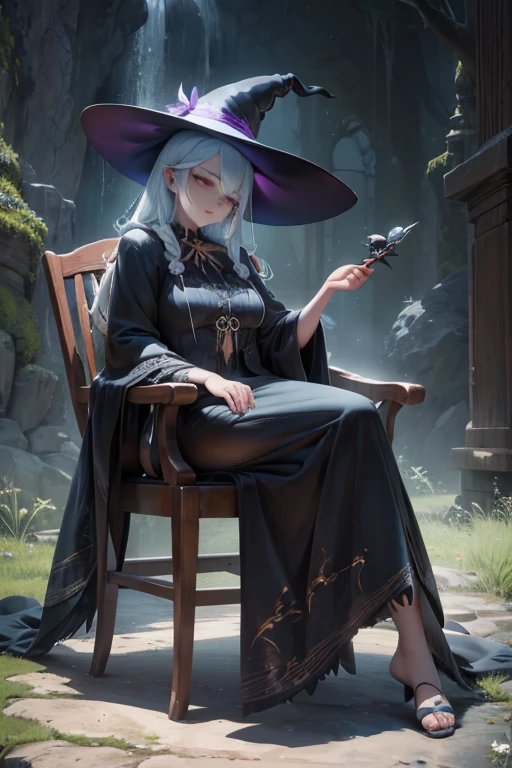 An old witch sits in a Kadilau chair in the background，She was holding a Soniste crow，Use Midjourney's advanced brush tools、Color palettes and texture packs、Texture tools，We are for the skin of the old witch、garments，Magic crows and chairs give complex textures，Added realism。Her witch robe was very elaborate but old，Full of old god style，The old witch had crow's feet shimmering with magic at the corners of her eyes。The whole scene is also full of weird and mysterious elements，Just like scenes from ancient mythology。Through Midjourney's powerful tools，We approach it with incredible detail，Bring this mysterious scene to life。The whole illustration is full of realism and shock，It is a work of masterpiece quality and the best texture。Large wide angle，Ultra-telescopic lens， hdr，（Reality，Masterpiece quality，best quality），