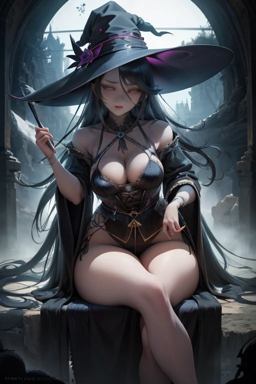 two witches, big breast, suggestive pose, sexy dress