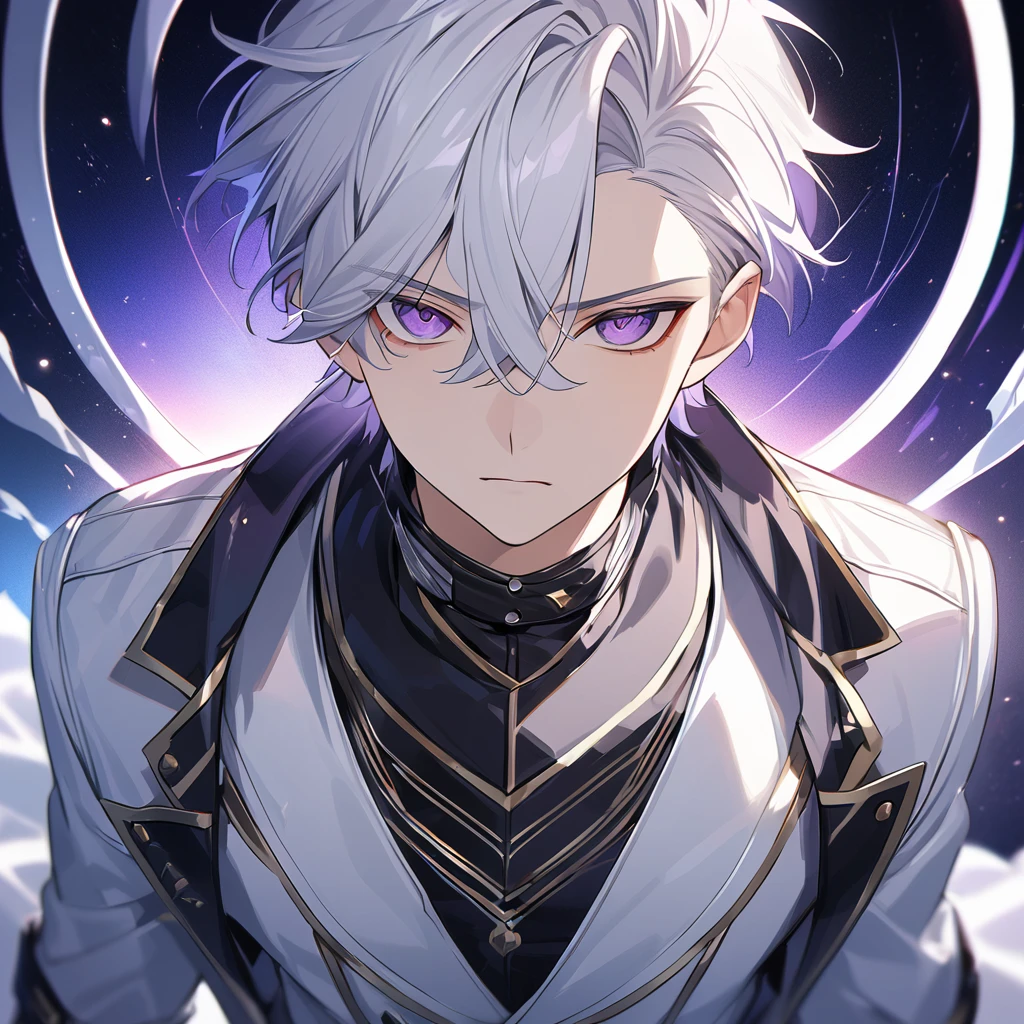 High quality, HD, 4k, handsome male, 1male, 17 years old, teenager, golden lining, short white hair, sharp eyes, dark purple eyes, deep purple eyes, devil may cry, close up, calm expression, stoic expression, black and white leather clothes, lean body, upper body, looking at viewer, cowboy shot, white solar, space background