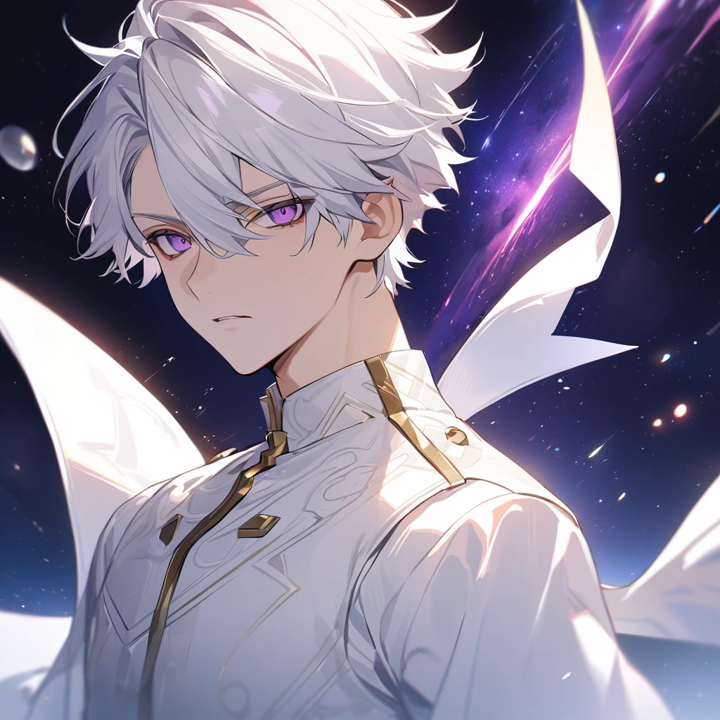 High quality, HD, 4k, handsome male, 1male, 17 years old, teenager, golden lining, short white hair, sharp eyes, dark purple eyes, deep purple eyes, devil may cry, close up, calm expression, stoic expression, black and white leather clothes, lean body, upper body, looking at viewer, cowboy shot, white solar, space background