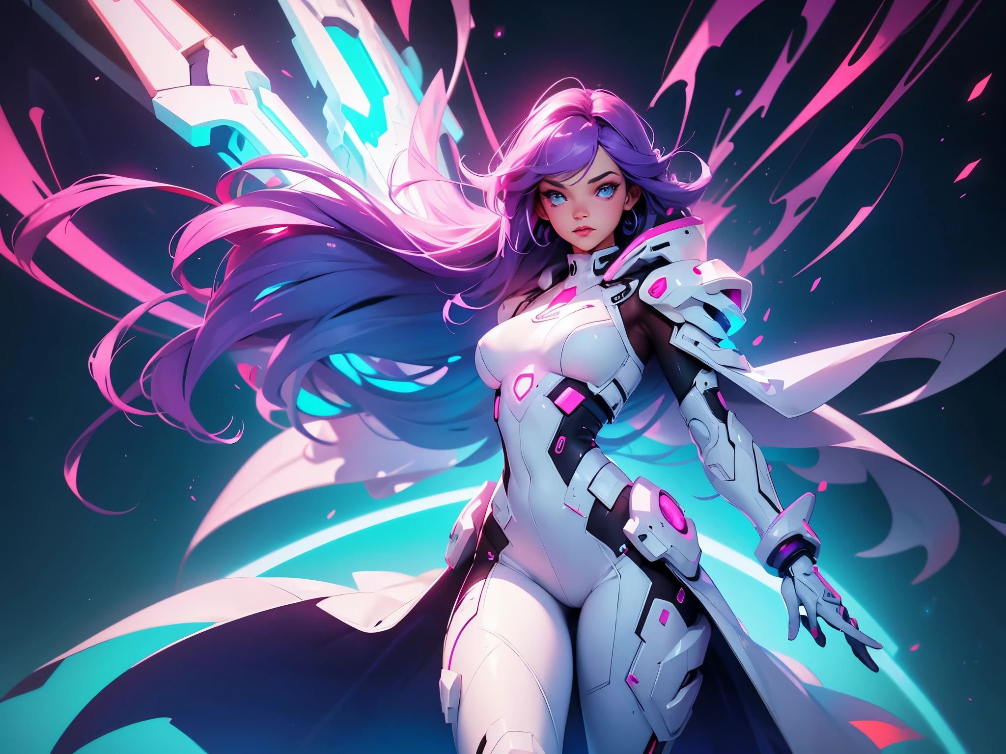 girl with violet hair, white and orange futuristic power suit, big hips, moderate breasts, futuristic white background, cyan and fuchsia neon lights, dynamic lighting, high definition.
