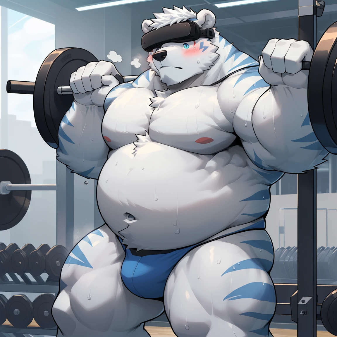 masterpiece, best quality, 8k resolution, Very detailed, hairy，(((polar bear))，(((Mature)))，(((Strong)))，(((White hair all over body)))，portrait，(((blue eyes)))，(((White hair)))，(((body blue stripes)))，(((Gym)))，For the audience，(((Holding a barbell)))，Highest quality scene，Solitary，solitary，(((whole body)))，(((Sweating)))，(((Half-squatted)))，(((thong)))，(((Shirtless)))，((Fat-enclosed muscle))，(((Shameful)))，((Blushing))，(((Round face)))，(((alone)))，((VR glasses))，(((Strong body)))，(((Hip bulge))),(((erectile)))