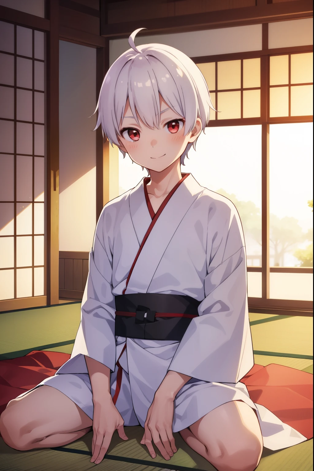 One boy, White short hair,Ahoge bright smile,Red eyes,,yukata,With an upturned gaze,Squint your eyes,Blushing,Japanese-style room,On the tatami,
Looking at the audience, 
 highest quality, High resolution, unity 8k wallpaper, Perfect lighting