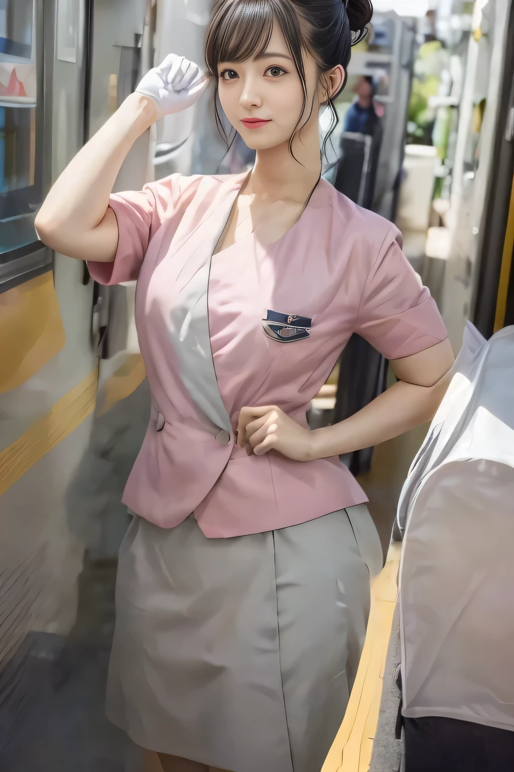(masterpiece:1.2, highest quality:1.2), 32K HDR, High resolution, (alone、1 girl)、（On the rooftop of a building in the daytime、Professional Lighting）、Building rooftop background、（Nankai train crew uniform pinkを着たリアルスタイル）、（Nankai train crew uniform pink short sleeve pink jacket、Nankai Train Crew Uniform Pink Collarless Short Sleeve Blouse、Nankai Train Crew Uniform Pink Grey Knee-length Culottes）、Dark brown hair、（Hair tied up、Hair Bun、Hair Bun）、Dark brown hair、Long Shot、Big Breasts、Thin legs、（（Great hands：2.0）），（（Harmonious body proportions：1.5）），（（Normal limbs：2.0）），（（Normal finger：2.0）），（（Delicate eyes：2.0）），（（Normal eyes：2.0））)、smile、（Nankai Train Crew Uniform Pink Grey Knee-length Culottesを見せた美しい歩く姿）、Keep your hands natural、