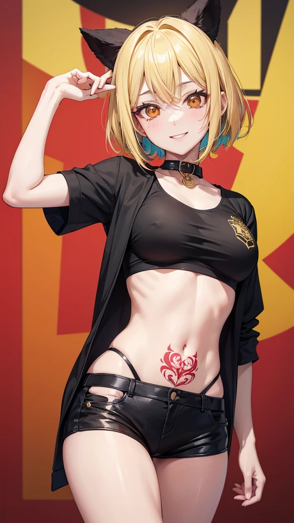 25 year old girl manga style ,delgada con busto copa b con cabello corto estilo bob color amarillo,ojos verdes oscuros, con mirada linda y sonrisa estilo nanatsu no taizai,with anime style clothes,with top and crimson red chameleon tattoo on the abdomen