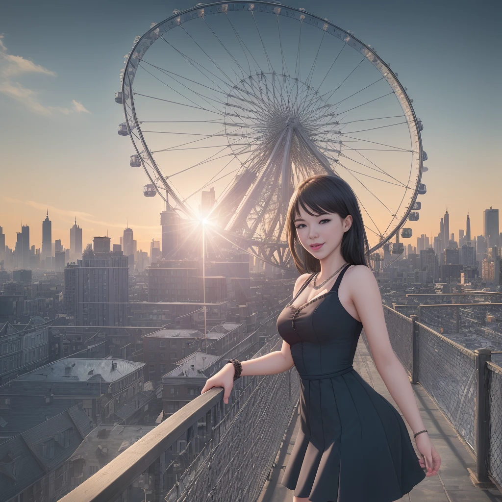 (masterpiece:1.2) (best quality) (detailed) (intricate) (8k) (HDR) (wallpaper) (cinematic lighting) (sharp focus),1 girl, building, chain-link_fence, fence, skyscraper, cityscape, ferris_wheel, blue_sky, city, racket, sky, blush, tennis_racket, skyline, rooftop, architecture, smile, day, east_asian_architecture, lens_flare, tower, bridge, house, open_mouth, real_world_location, Abigail 