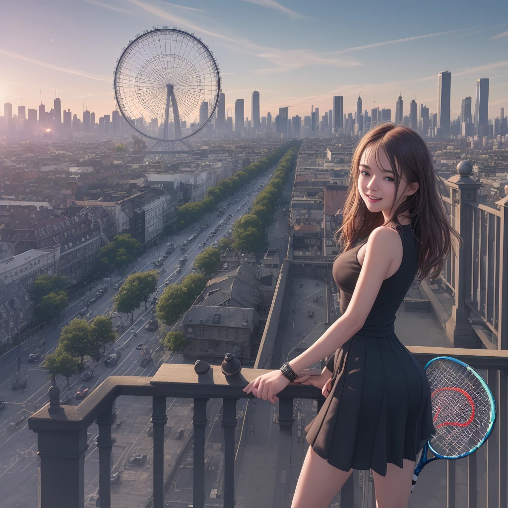 (masterpiece:1.2) (best quality) (detailed) (intricate) (8k) (HDR) (wallpaper) (cinematic lighting) (sharp focus),1 girl, building, chain-link_fence, fence, skyscraper, cityscape, ferris_wheel, blue_sky, city, racket, sky, blush, tennis_racket, skyline, rooftop, architecture, smile, day, east_asian_architecture, lens_flare, tower, bridge, house, open_mouth, real_world_location, Abigail 