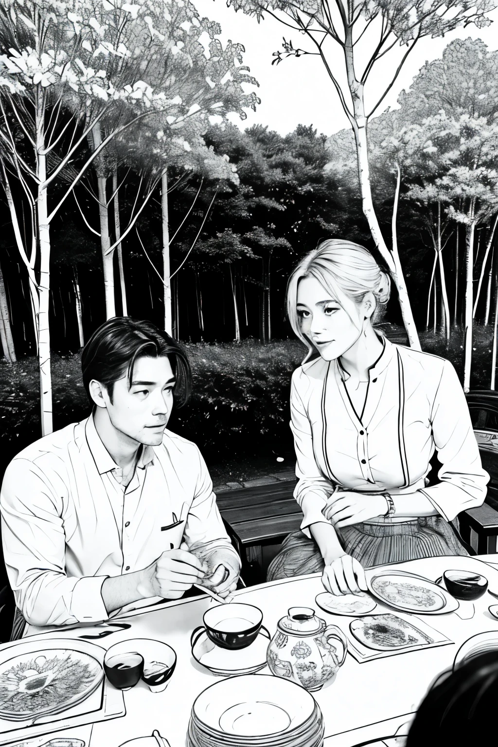 A medium shot photo of A handsome man and a beautiful woman sitting at a table in a nicely decorated landscape with trees and bushes, they ((sit opposite each other)) across the table, ((they’re looking at each other’s eyes)),there are two bowls of boiling hot noodles, one in front of each of them. Steam floating over each bowl. They’re both holding chopsticks.