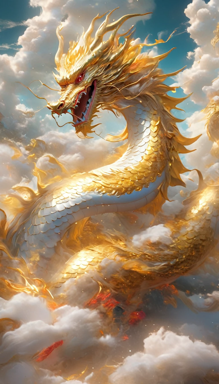 A dragon rises from the sea of clouds、Carrying great happiness、A giant gold and red body、High detail、high resolution、High color rendering、High resolution、Surreal、Realistic