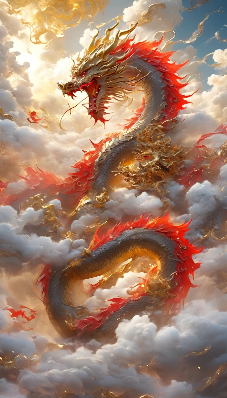 A dragon rises from the sea of clouds、Carrying great happiness、A giant gold and red body、High detail、high resolution、High color rendering、High resolution、Surreal、Realistic