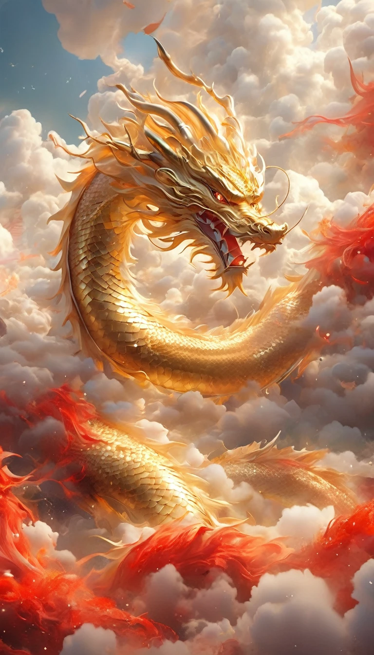 A dragon rises from the sea of clouds、Carrying great happiness、A giant gold and red body、High detail、high resolution、High color rendering、High resolution、Surreal、Realistic