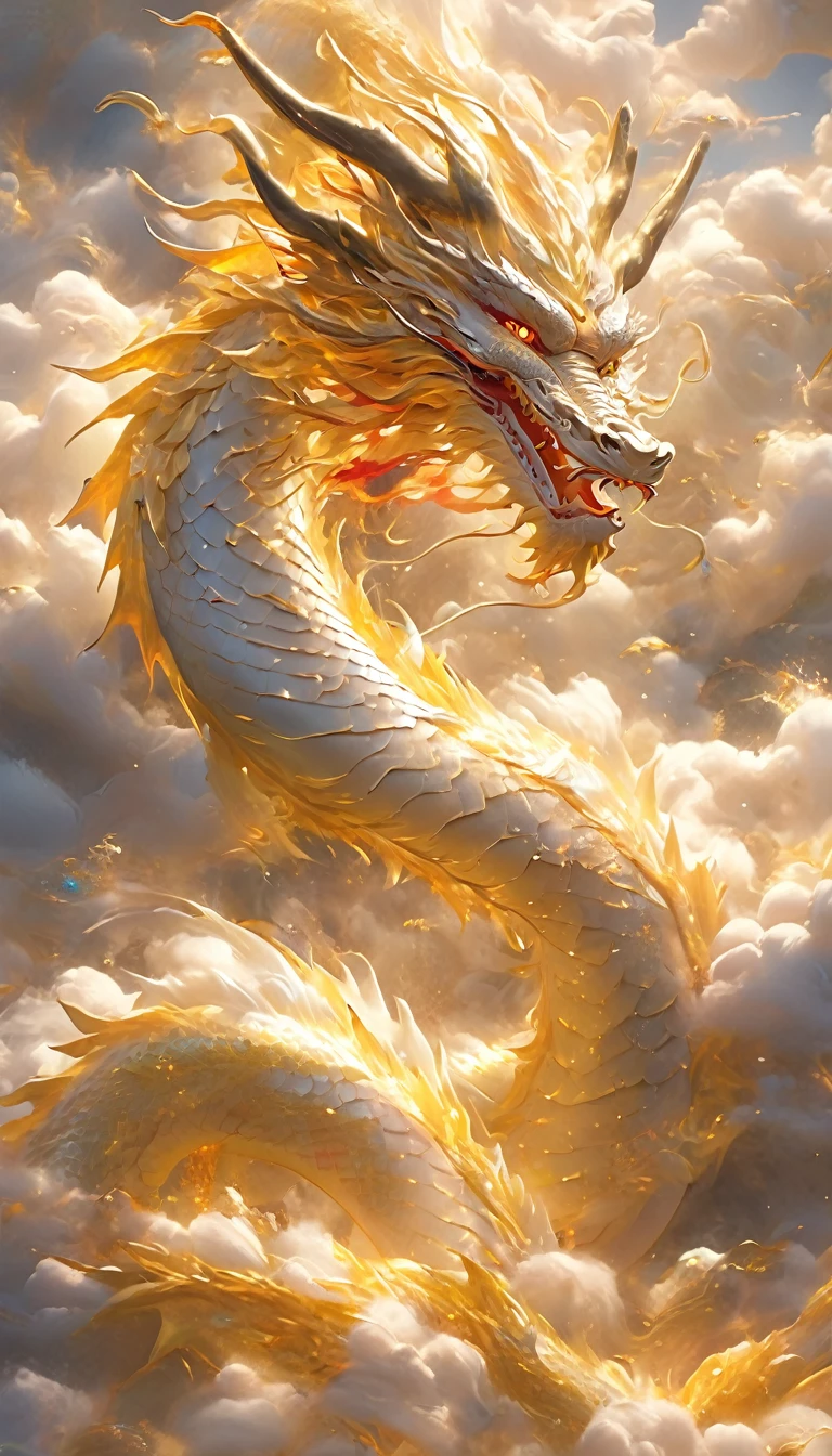A dragon rises from the sea of clouds、Carrying great happiness、A giant gold and red body、High detail、high resolution、High color rendering、High resolution、Surreal、Realistic
