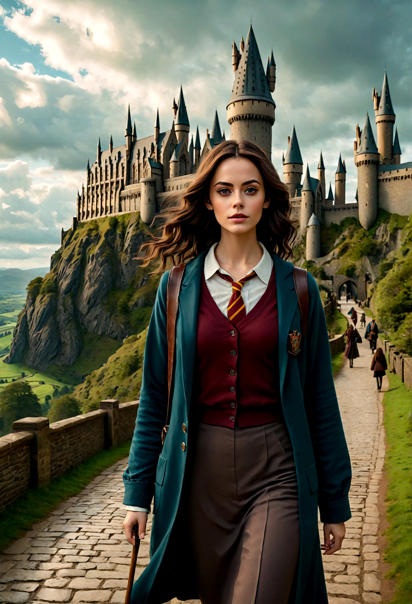 1 girl walking towards Hogwarts School of Witchcraft and Wizardry, looks like kaya scodelario, beautiful detailed eyes, beautiful detailed lips, extremely detailed face, long eyelashes, , wand in hand, casting spells, fantasy landscape, cloudy sky, Hogwarts castle in the distance, (best quality,4k,8k,highres,masterpiece:1.2),ultra-detailed,(realistic,photorealistic,photo-realistic:1.37),fantasy art,cinematic lighting,vibrant colors
