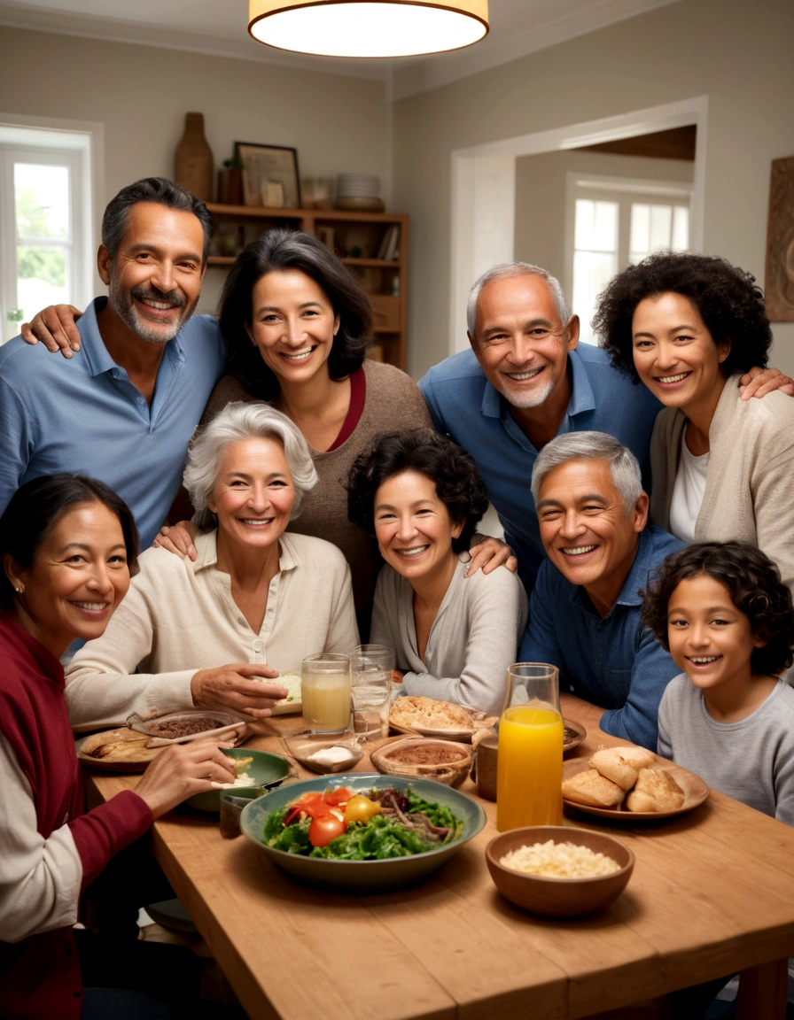 Raw Photograph of a smiling multi-age ((max age 40)), multi-cultural and multi-national group of people, ((wearing light, casual clothes)), gathered in a well-lit living room and cozy, sharing a meal. The image must convey human warmth, community and welcome. award winning photo in 2023, high details, high res, color picture, NIKKOR AI-S 300mm f/2 + CANON 0.71x Focal Reducer, 300mm focal lens, ISO 800, flair reducer lens, LEICA photography, focus on the subject, ultra realistic photography, cinematic composition
