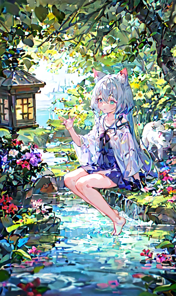 1 Girl, Solitary, Tail, Tail, long hair, Upward, one Upward, Enchanted Forest, nature, Trees, Dryad, Cat ears, Animal ear fluff, Flowers, Active posture, whole body, gray hair, Bright hair, Shiny hair, Holy, goddess, barefoot, baby face, Eyes turned upward, Long eyelashes, animal, birds, sit, Look away, Glowing water, Center of the lake, flower bed, continuously, night, 8K，Ultra-clear，Ultra Detail