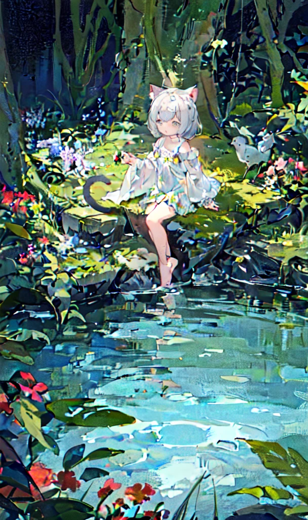 1 Girl, Solitary, Tail, Tail, long hair, Upward, one Upward, Enchanted Forest, nature, Trees, Dryad, Cat ears, Animal ear fluff, Flowers, Active posture, whole body, gray hair, Bright hair, Shiny hair, Holy, goddess, barefoot, baby face, Eyes turned upward, Long eyelashes, animal, birds, sit, Look away, Glowing water, Center of the lake, flower bed, continuously, night, 8K，Ultra-clear，Ultra Detail