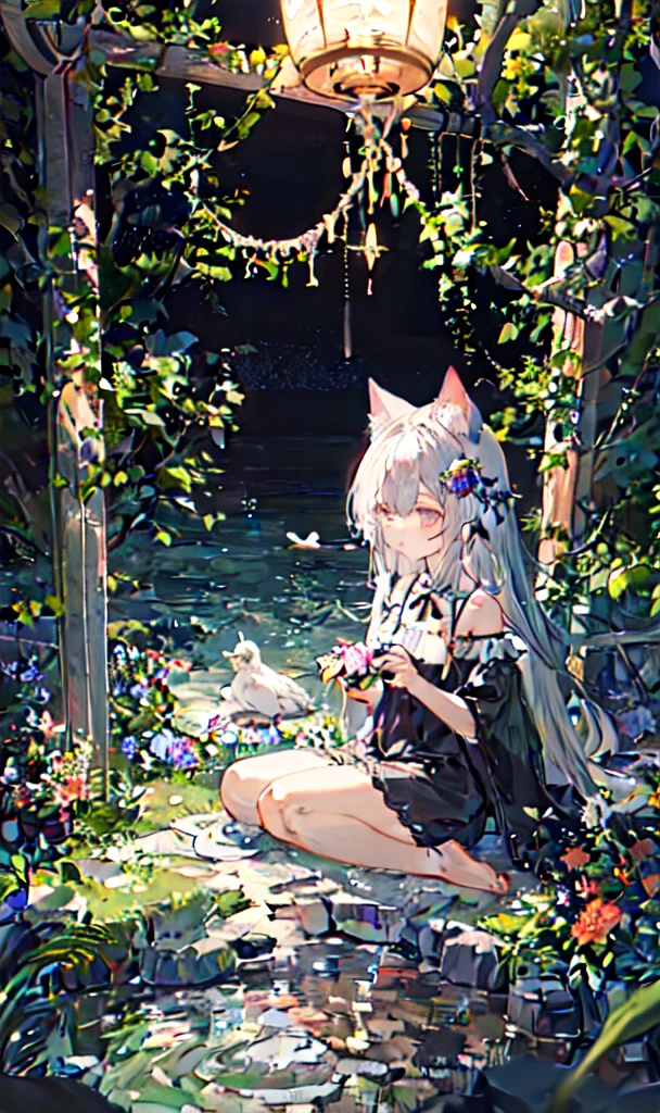 1 Girl, Solitary, Tail, Tail, long hair, Upward, one Upward, Enchanted Forest, nature, Trees, Dryad, Cat ears, Animal ear fluff, Flowers, Active posture, whole body, gray hair, Bright hair, Shiny hair, Holy, goddess, barefoot, baby face, Eyes turned upward, Long eyelashes, animal, birds, sit, Look away, Glowing water, Center of the lake, flower bed, continuously, night, 8K，Ultra-clear，Ultra Detail