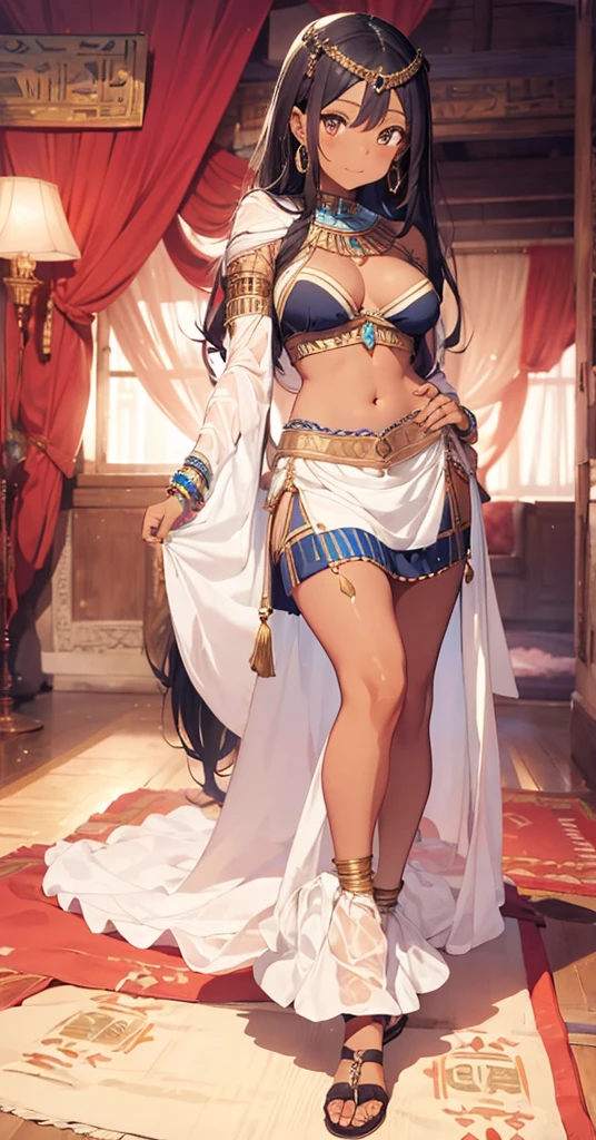 a woman in a traditional egyptian outfit and blue jewelry standing on room , 1girl, jewelry, solo, dark-skinned female, navel, dark skin, long hair, armlet, hand on hip, earrings, midriff, black hair, bracelet, breasts, skirt , smile