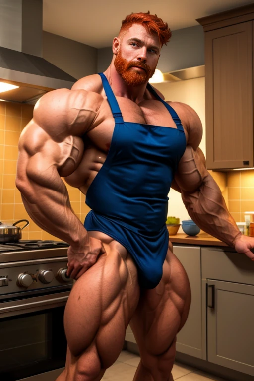 Sexy redhead father and son with semi-short hair with a lot of body hair is super strong with a lot of muscle., completamente desnudo, wears a very tight little maid outfit, muy transparente, muy revelador y sexi, cocina un rico guisado en la cocina, revelador, desnudo, cuerpo aceitoso.