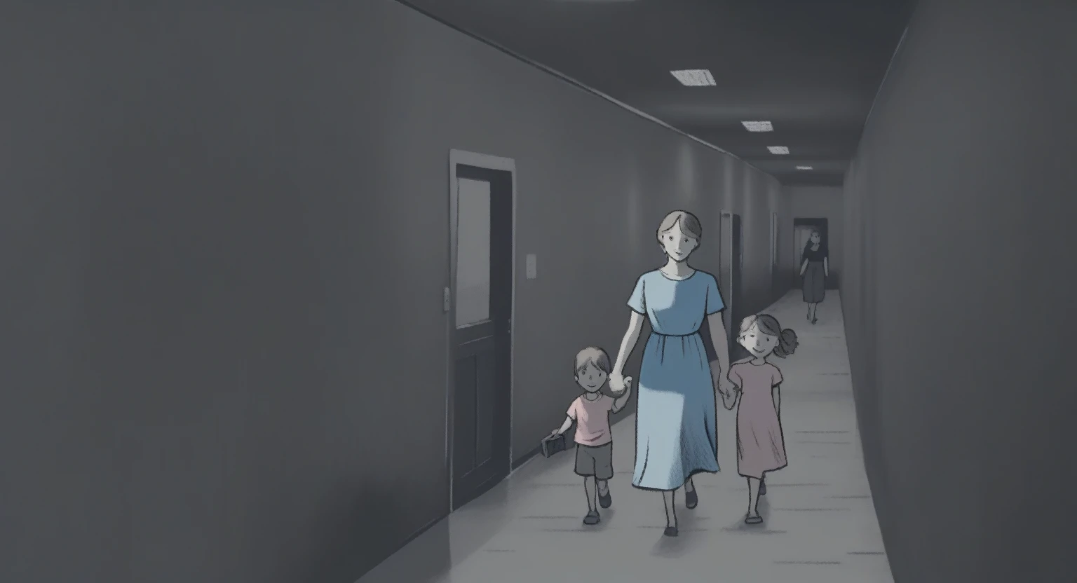 camera cctv view children's picture books,crayon paintings, , woman black dress, walking holding the hands of her son, blue t shirt and daughter pink dress in an administration hallway, old german style, indoor,