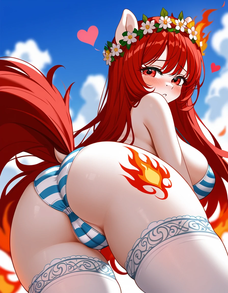 red hair, white body, red eyes, long hair, sky face, stockings, shy pose, panties, cameltoe, behind view, (my little pony), striped underwear, blush on ass, seductive pose, big ass, big breasts, thong, flower crown, voluptuous body, (fire legs tattoo:1.3), (High detailed, high resolution), heart cutie mark