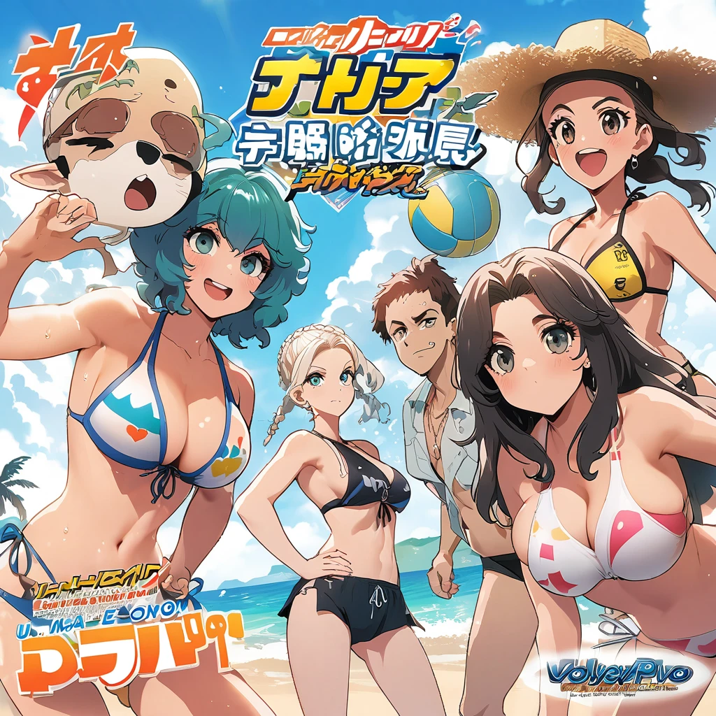 Manga cover, meninos e meninas, manga style, praia, bikinis, se divertindo no mar, voleyball na praia, um polvo gigante aparece no mar