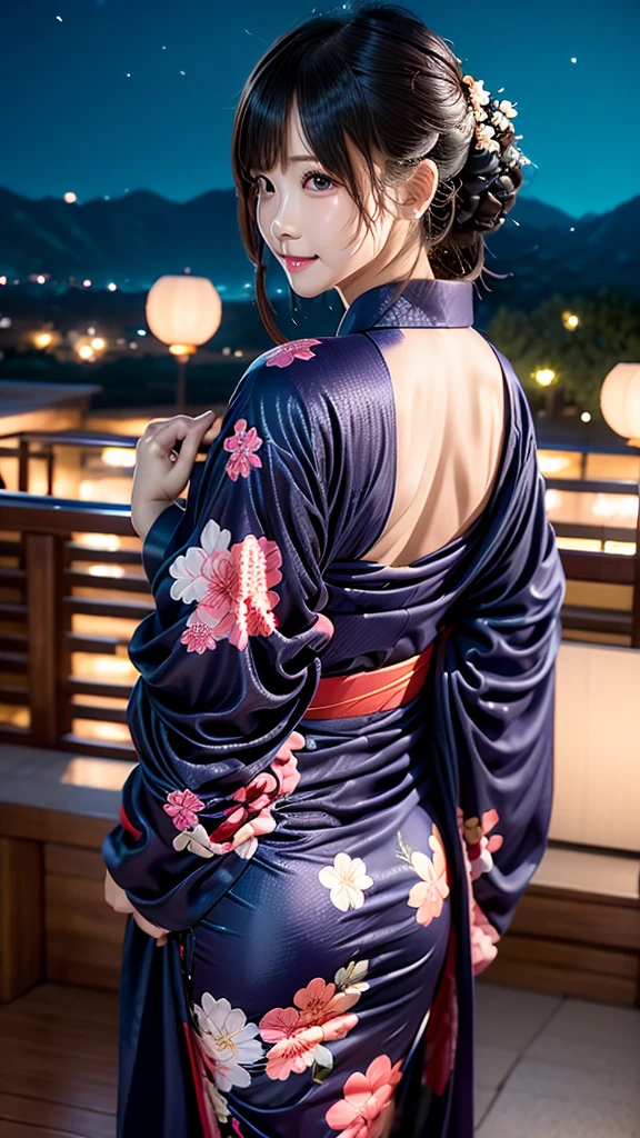 AIBeauty、Real Beauty、Yukata Prompt、Fireworks display、狐耳Beauty、Night view、Heart patterned yukata、Show off your whole body、Beautiful woman looking back
