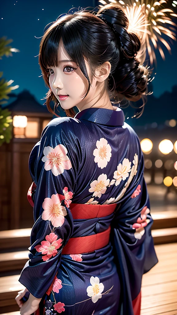 AIBeauty、Real Beauty、Yukata Prompt、Fireworks display、狐耳Beauty、Night view、Heart patterned yukata、Show off your whole body、Beautiful woman looking back