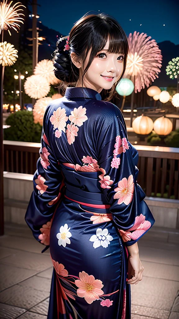 AIBeauty、Real Beauty、Yukata Prompt、Fireworks display、狐耳Beauty、Night view、Heart patterned yukata、Show off your whole body、Beautiful woman looking back