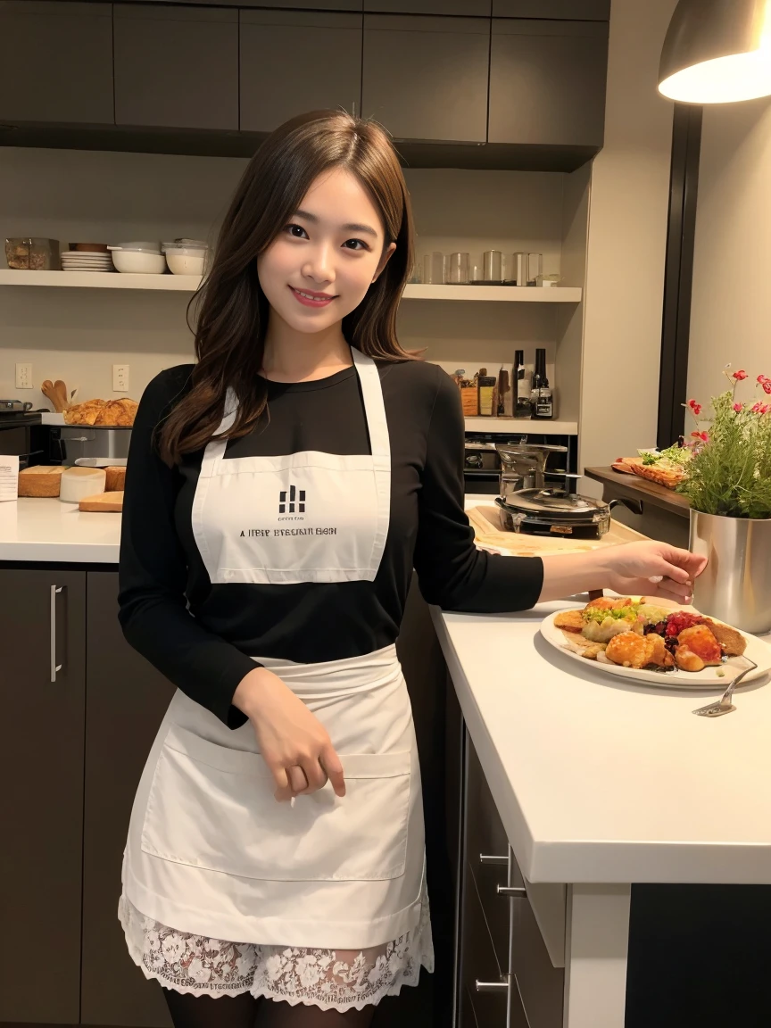 Beautiful woman wearing a stylish apron、A shot of her posing while leaning against the counter of a stylish cafe.。Her Apron、Modern, Form-fitting design、Not just cooking skills、It highlights her flair and style..。Elegant high heels、Airskin-like lace pantyhose、Rich color variations、Emphasize her long legs、Her smile shines even brighter in the warm light of the kitchen..。This high resolution, Photorealistic photos、It represents the perfect combination of gourmet food and beauty..、Sure to captivate viewers。Gaining empathy and attention on social media、A masterpiece of modern urban life。