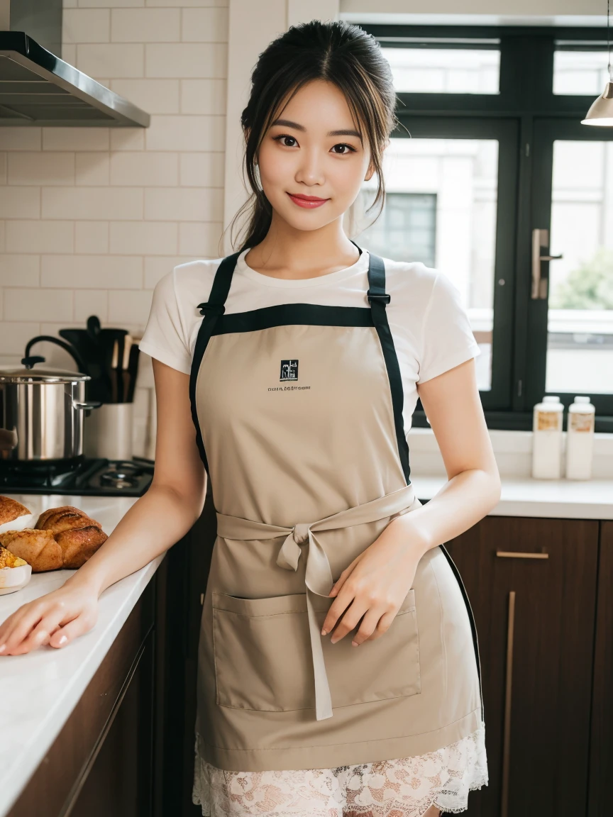 Beautiful woman wearing a stylish apron、A shot of her posing while leaning against the counter of a stylish cafe.。Her Apron、Modern, Form-fitting design、Not just cooking skills、It highlights her flair and style..。Elegant high heels、Airskin-like lace pantyhose、Rich color variations、Emphasize her long legs、Her smile shines even brighter in the warm light of the kitchen..。This high resolution, Photorealistic photos、It represents the perfect combination of gourmet food and beauty..、Sure to captivate viewers。Gaining empathy and attention on social media、A masterpiece of modern urban life。