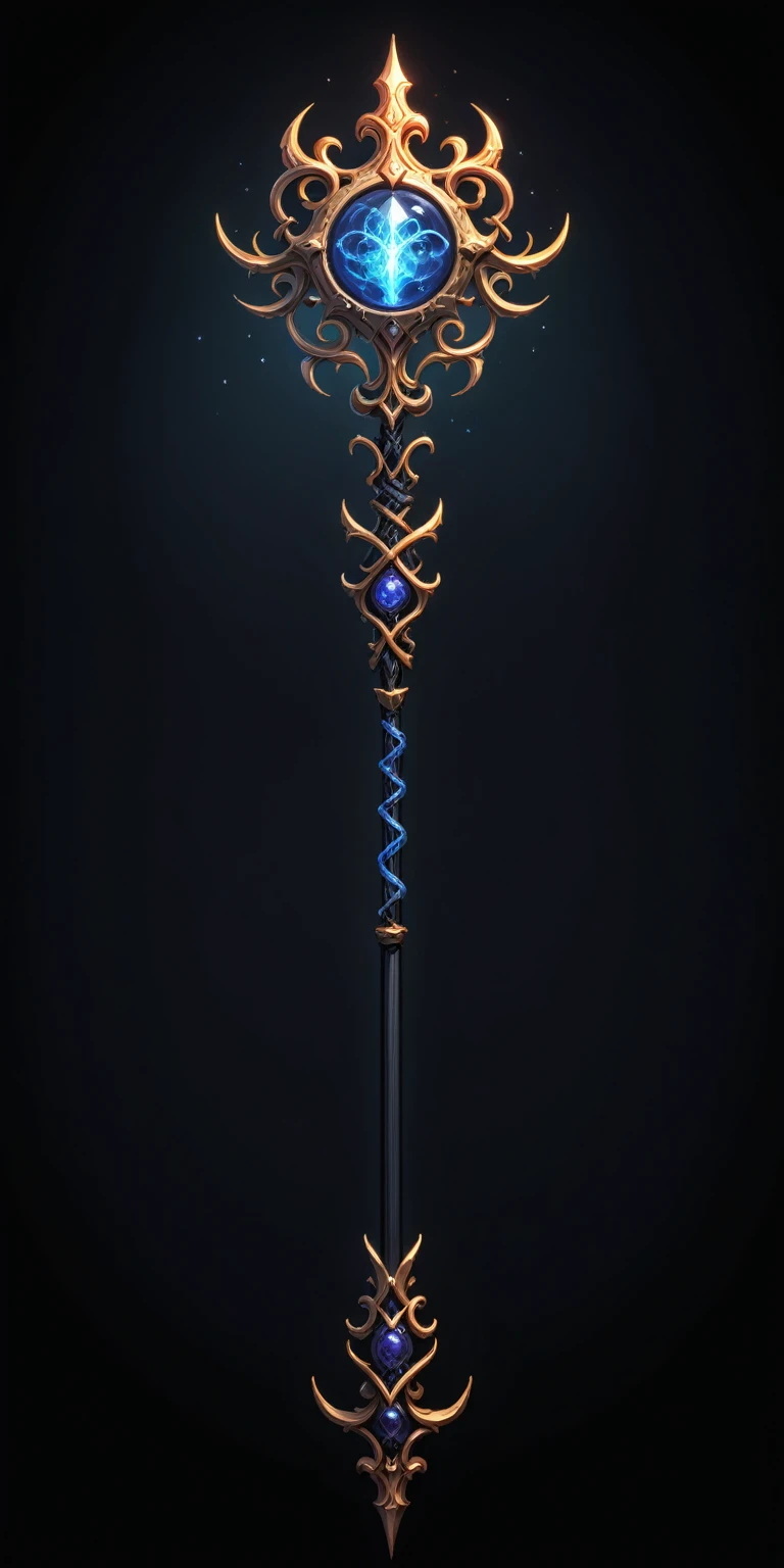 pixel art, cartoon illustration, Divine glavie greatstaff, Powerfull Magical theme, simple black background, RPG game icon