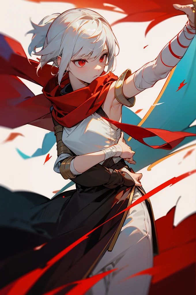 (Masterpiece), (Best Quality), Realistic, Cinematic Light, Maple Manyo in Genshin, Cool Pose, (White Hair, Short White Hair, Red Eyes), Low Ponytail, A strand of Red Hair, Bandage Gauntlet, Unilateral Shoulder Armor, Black and White Robe, Red Tassel Decoration, Red Scarf Fluttering, Red Maple Leaf Flying, Cyan Long Sword,arms in pockets