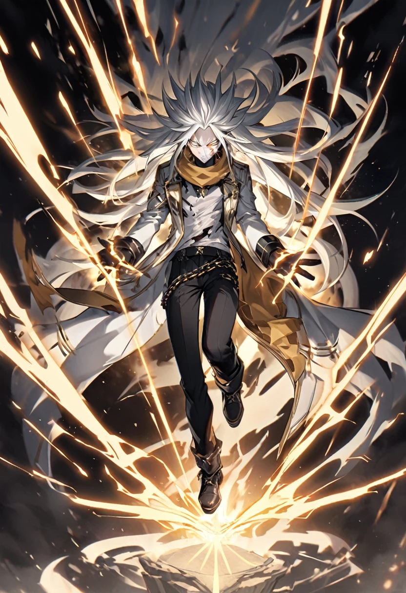 
- **Gender**: Male
Physique:V-Taper
#### Appearance
- **Hair**: Black
- **Scarf**: Ragged, worn around the neck, possibly torn at the edges
- **Clothing**:
  - **Top**: Black and white jacket over a black and white shirt with a design
  - **Bottom**: Black pants and Black Shoes 
- **Distinguishing Feature**: A prominent scar on the face
Ultimate Form:Aether Dimensional
**Dimensional Details**: Chains wrapped around his hands or wrists, glowing faintly with Aether energy, symbolizing his ability to manipulate dimensions.
