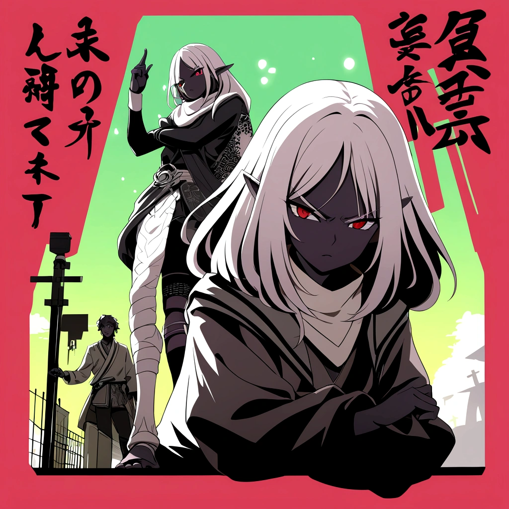 A highly detailed, photorealistic illustration of a black skin elf female and elf male with shining red clothing, serious expressions, standing against a black and red background with Japanese writing on the edges spelling "Shangri-La", in a persona manga style art