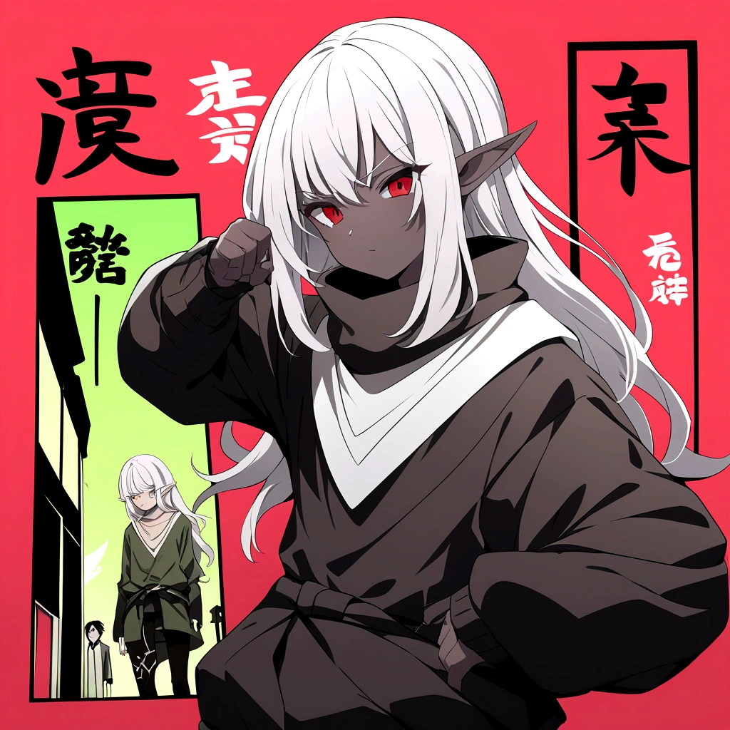 A highly detailed, photorealistic illustration of a black skin elf female and elf male with shining red clothing, serious expressions, standing against a black and red background with Japanese writing on the edges spelling "Shangri-La", in a persona manga style art