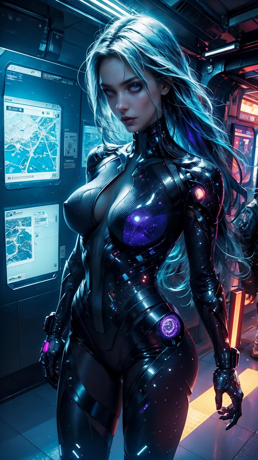 Angle from above, at night. A beautiful and sexy cyborg girl, long hair, blue hair, sexy carbon fiber and purple cybernetic augmentations, with neon intrincate lines. inside the underground subway, raytraced, cyberpunk, cyberpunk subway. she is beautiful, sexy, innocent look, intense and bright cyber eyes. sex cyborg underworld. Every space and build in the landscape is meticulously rendered, from the most cyber futuristic and criminal subway zone, creating a visually stunning and immersive world. The overall effect is a magnificent mix of fantasy, caos and crime. fine quality artic eyes, artic eyes , ultra detailed, Beautiful and aesthetically pleasing, masterpiece, Best quality score, Extremely detailed, raytraced, middle body, close up, high view, particles and hard lights.