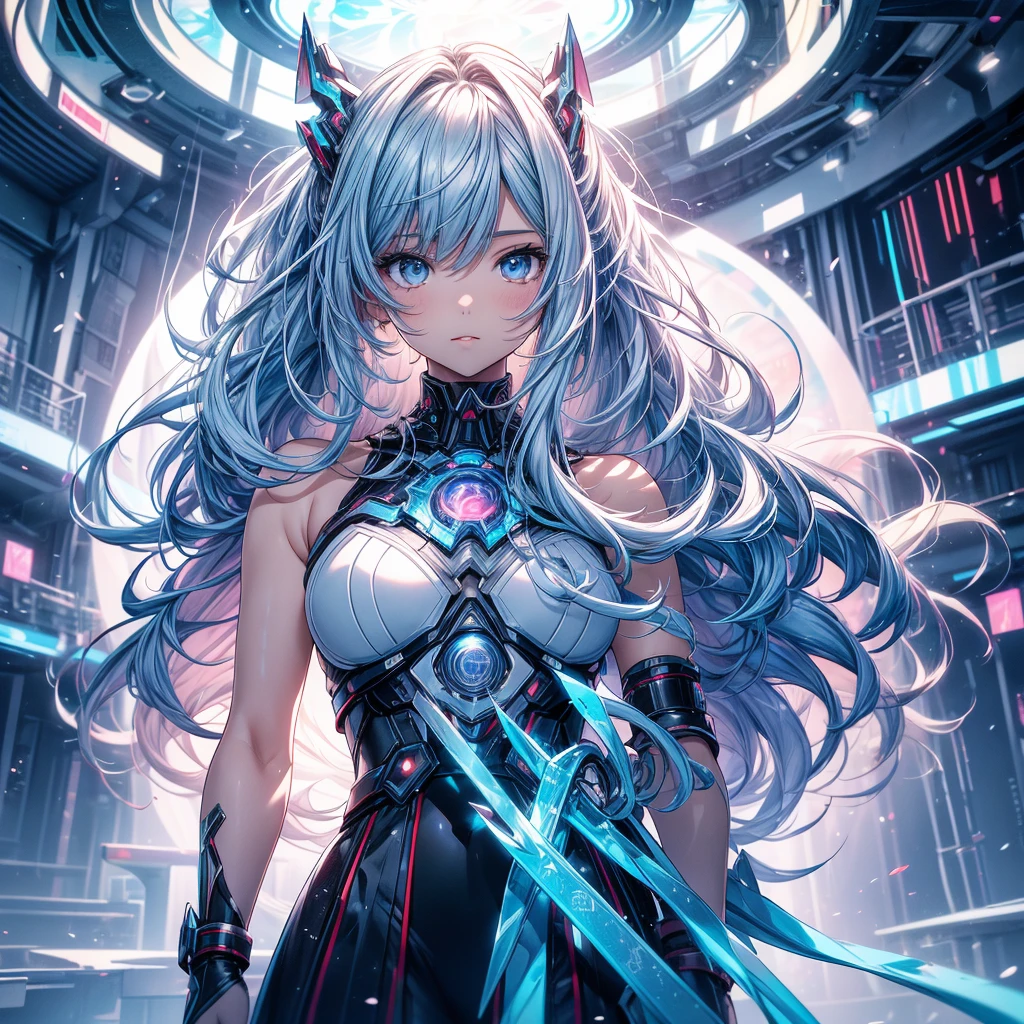 1girl,Dynamic composition、(((highest quality、Masterpiece、Official Art、Award-winning works、The best dynamic composition、Detailed Hair)))、Super detailed、Anime Style、Dynamic pose、Create Ultra High Definition, Masterpiece quality image with white theme, Featuring a cute anime girl with long black hair in a cool pose, Attack with a high-tech sword. In this scene、A large number of holographic swords appear floating in a circle.。, Each one has countless intricate parts, Set in a predominantly white cyberpunk environment. The scene is enriched with holographic elements and light particles., Emphasizing futuristic and fantastical aesthetics. The image is、Capturing the essence of purity and sophistication with the finest quality and beauty, 少女と彼女のホログラム剣をSuper detailedに展示, Super-resolution visuals that highlight the intricate details of a scene.