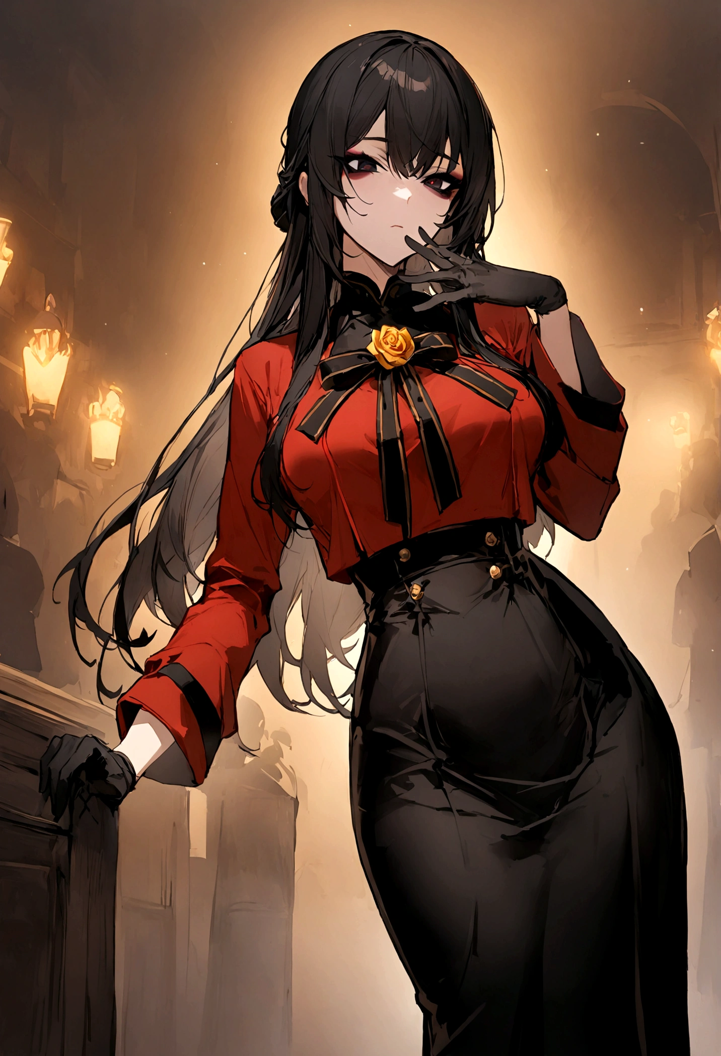 1 Girl, skirt,红色Ribbon, Ribbon, golden rose, Black long hair, Black long skirt, 红Eye, Looking at the audience,(Eye:Giving out cold eyes, Dark eyeshadow),(Mature and indifferent),(slim),  Black gloves, Red Jacket, masterpiece, best quality