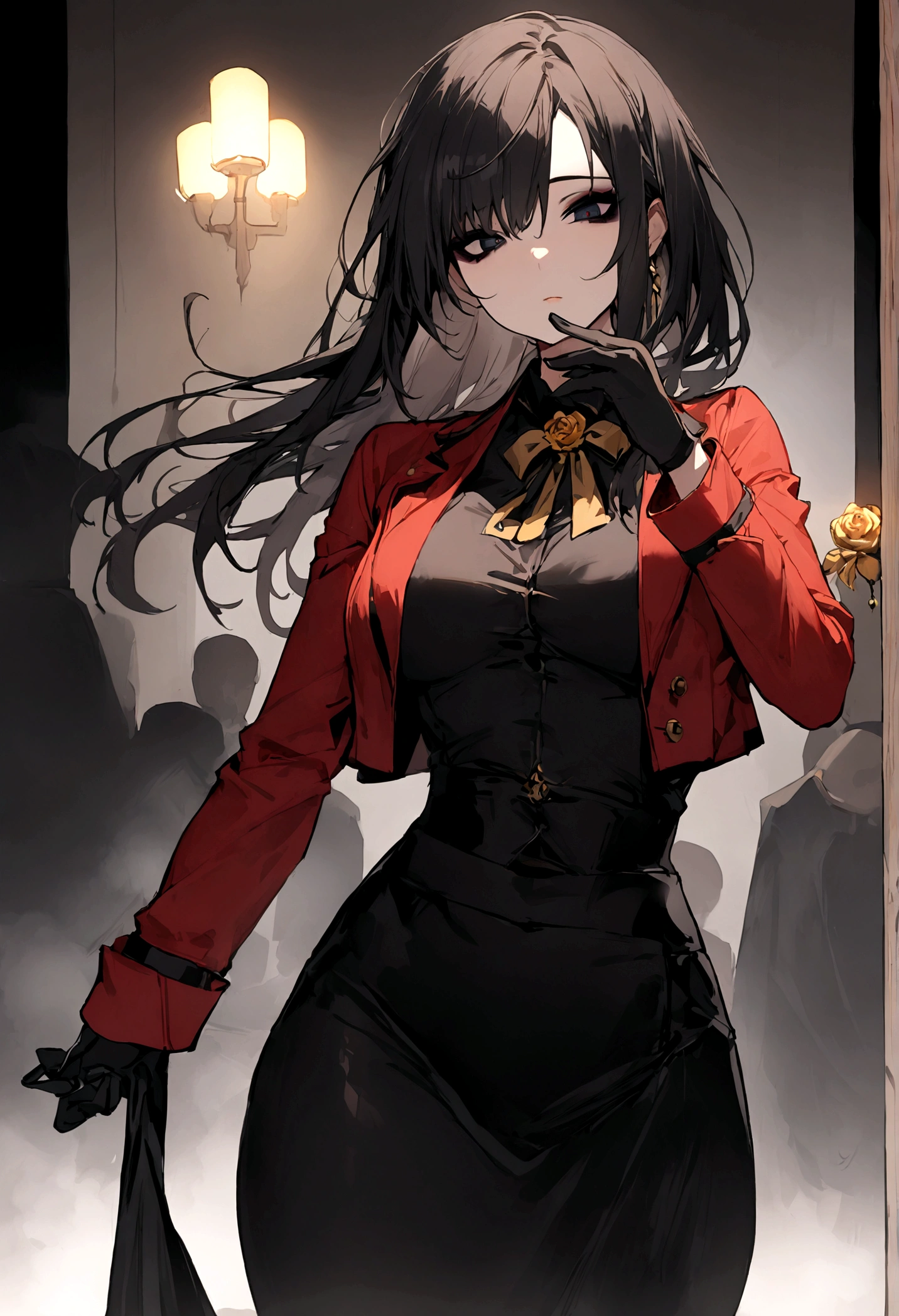 1 Girl, skirt,红色Ribbon, Ribbon, golden rose, Black long hair, Black long skirt, 红Eye, Looking at the audience,(Eye:Giving out cold eyes, Dark eyeshadow),(Mature and indifferent),(slim), Black gloves, Red Jacket, masterpiece, best quality