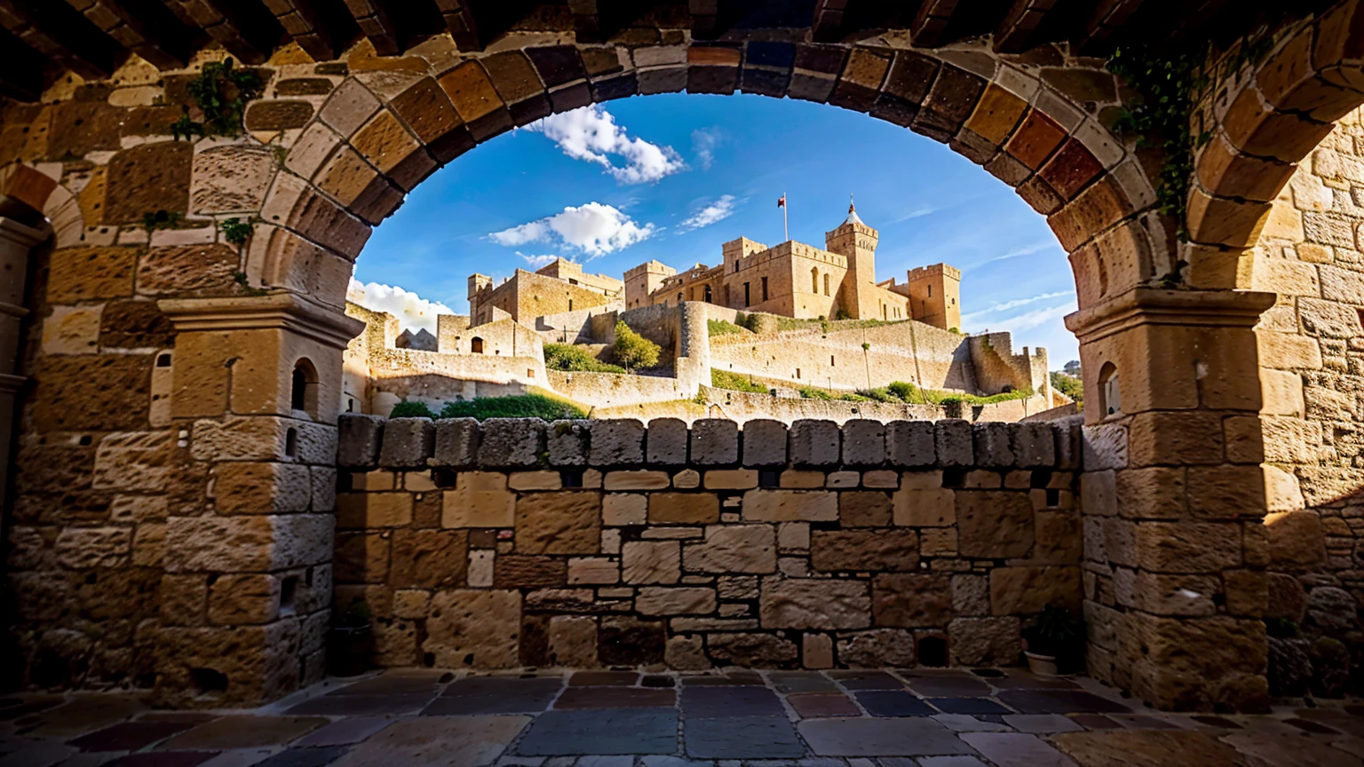 A detailed and realistic depiction of Castell de Eivissa in Ibiza, a historic castle situated on a hilltop overlooking the Mediterranean sea, with a warm golden hour lighting, vibrant blue skies, lush vegetation, and a sense of ancient grandeur, (best quality,8k,highres,masterpiece:1.2),ultra-detailed,(realistic,photorealistic,photo-realistic:1.37),ancient castle,medieval architecture,stone walls,towers,balconies,arched windows,cobblestone paths,mediterranean landscape,ibiza island,seaside,sunset lighting,warm colors,dramatic sky,lush foliage,detailed textures,historical monument