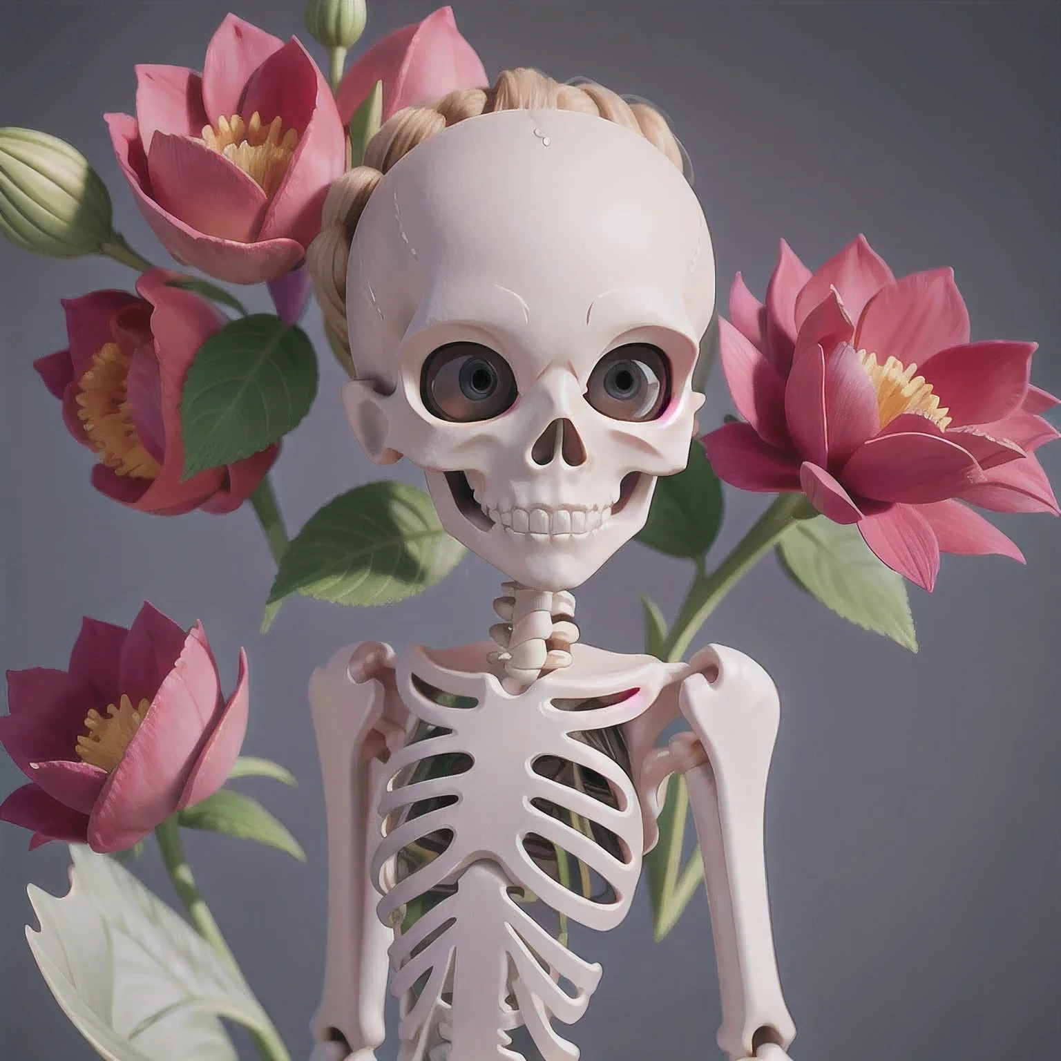 skeleton with flower in hair standing against grey background, anatomically correct skeleton, skeleton girl, skeleton, skelleton, skeletal, half woman half skeleton, anatomically accurate skeleton, thin skeleton, skull bones flowers, fleshy skeletal, titanium skeleton, cute skeleton, fleshy skeletal body, flowers grow from the body, human skeleton, female death, highly detailed skeleton