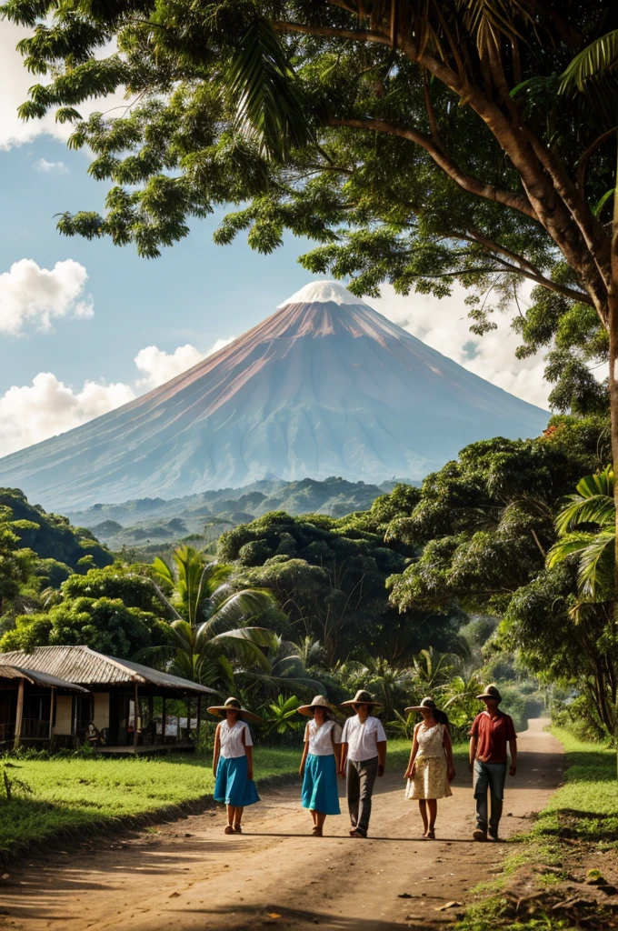 Imagine a lush tropical landscape, with a banana plantation that stretches towards the horizon, framed by the imposing El Chonco volcano. En primer plano, trabajadores vestidos con ropa sencilla se inclinan mientras cosechan los bananos bajo el sol abrasador. Al fondo, una serie de sencillas casas de madera, typical of a rural Nicaraguan community, dan un vistazo a la vida cotidiana de los personajes de la novela.