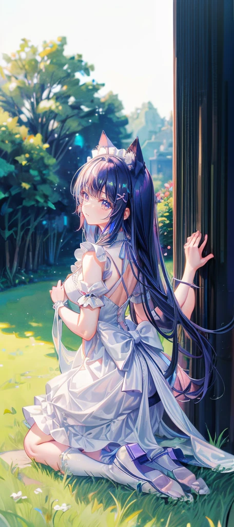 Girl，Cat ear，Tail，Blue long hair，Kneeling，Lean forward，shy，Heart-shaped pupil，Grass background，Maid costume，masterpiece，Ultra-clear，8K，Ultra Detail