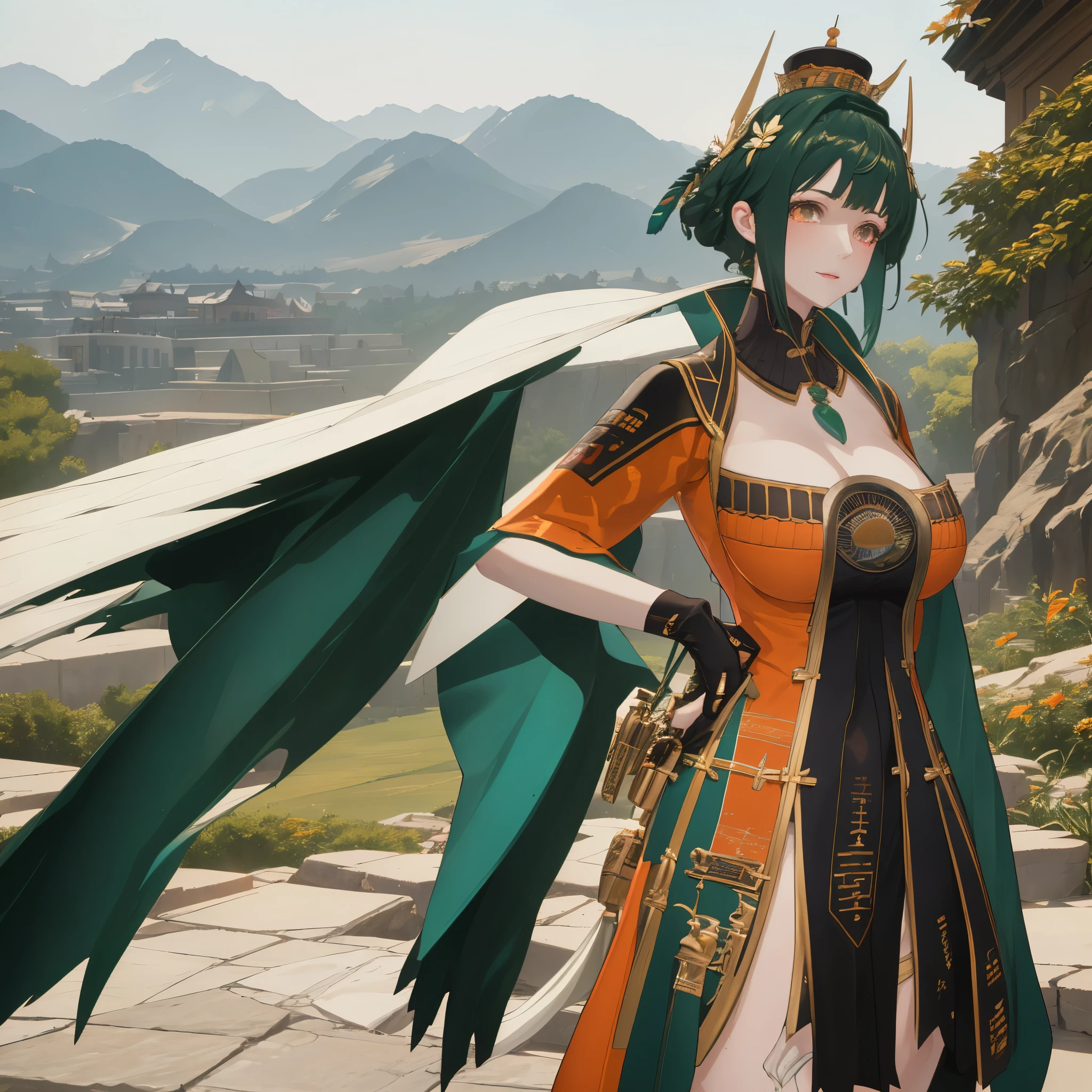 A woman wearing a green dress with white details, green hair, orange eyes, walking on a staircase from a high point of a large Chinese rocky mountain, some trees with orange autumn leaves, leaves falling mist in place, smiling.HDR, ultra resolution, well defined, masterpiece, 8K HD. (solo woman),.(solo woman),flower, UHD, masterpiece, accurate, anatomically correct, textured skin, super detail, high quality, best quality, 8k, high resolution, bokeh effect.
